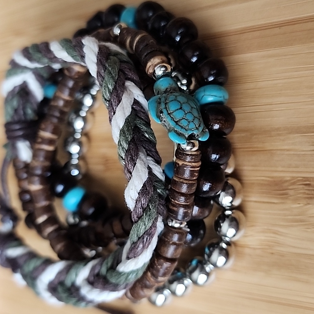 5 Piece Boho Wood Metals acrylics  Bracelet  Set
